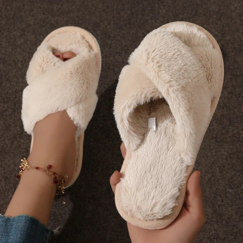 Women’s Cross Fluffy Fur Slippers