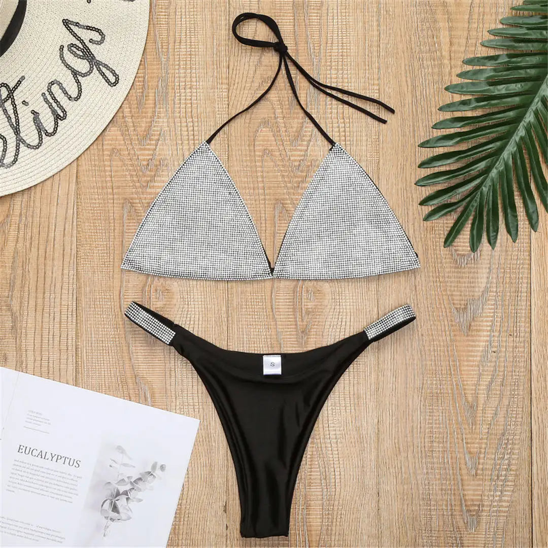 Shimmer Rhinestone Halter Bikini Set