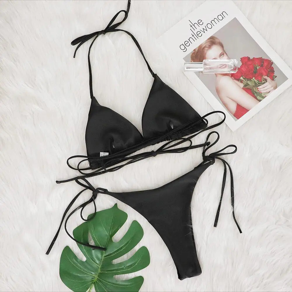 Beige Rhinestone Halter Bikini Set