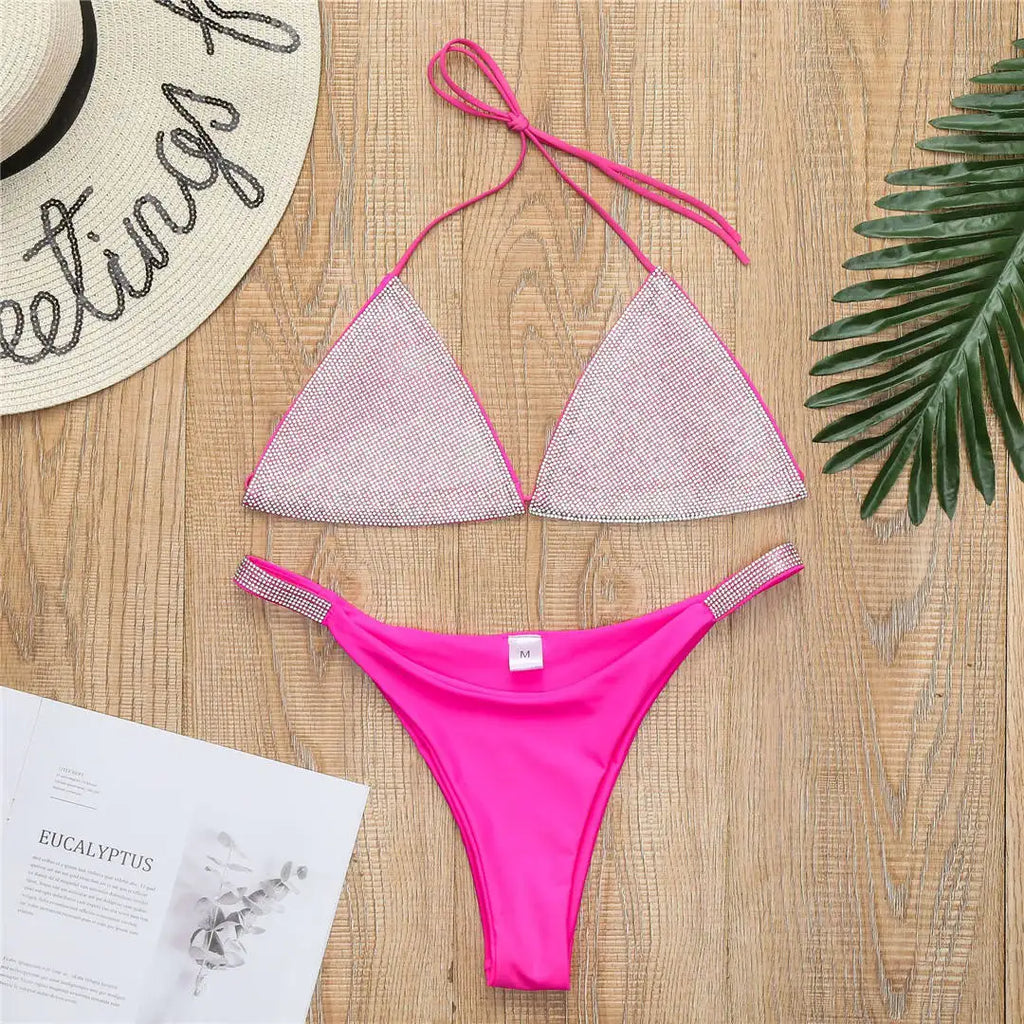 Shimmer Rhinestone Halter Bikini Set