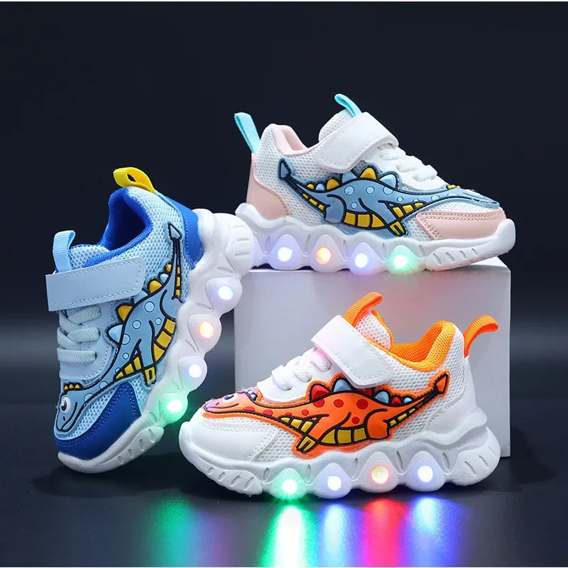 Kids’ LED Dinosaur Sneakers – Breathable Light-Up Shoes
