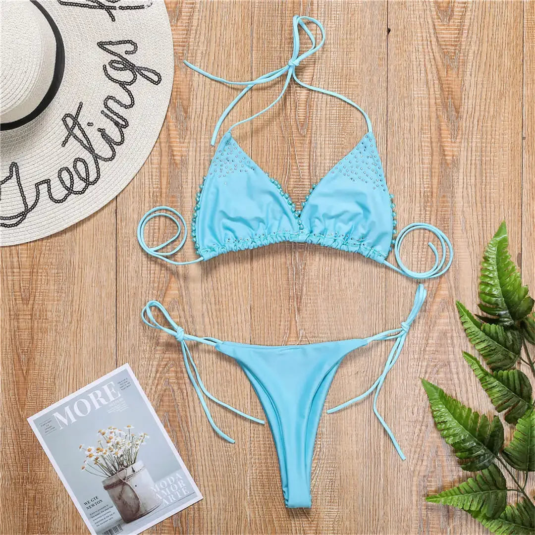 Pearl-Embellished Triangle Bikini Set