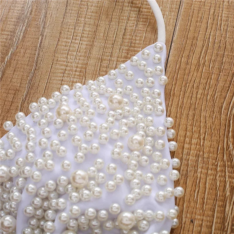 Pearl-Embellished Triangle Bikini Set