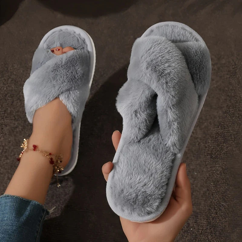 Women’s Cross Fluffy Fur Slippers