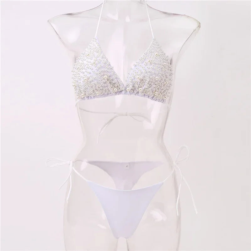 Pearl-Embellished Triangle Bikini Set