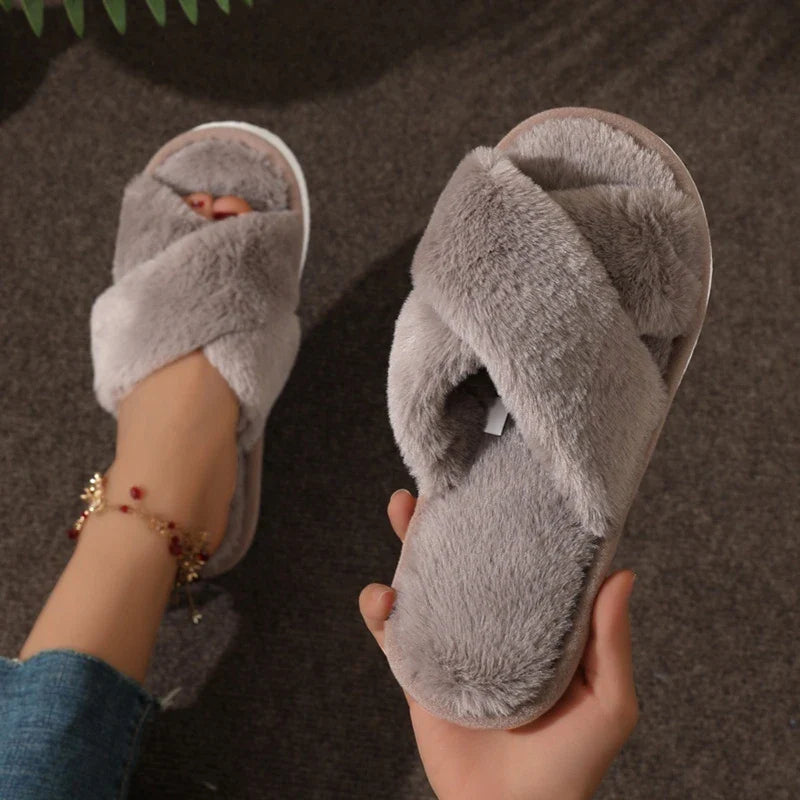 Women’s Cross Fluffy Fur Slippers