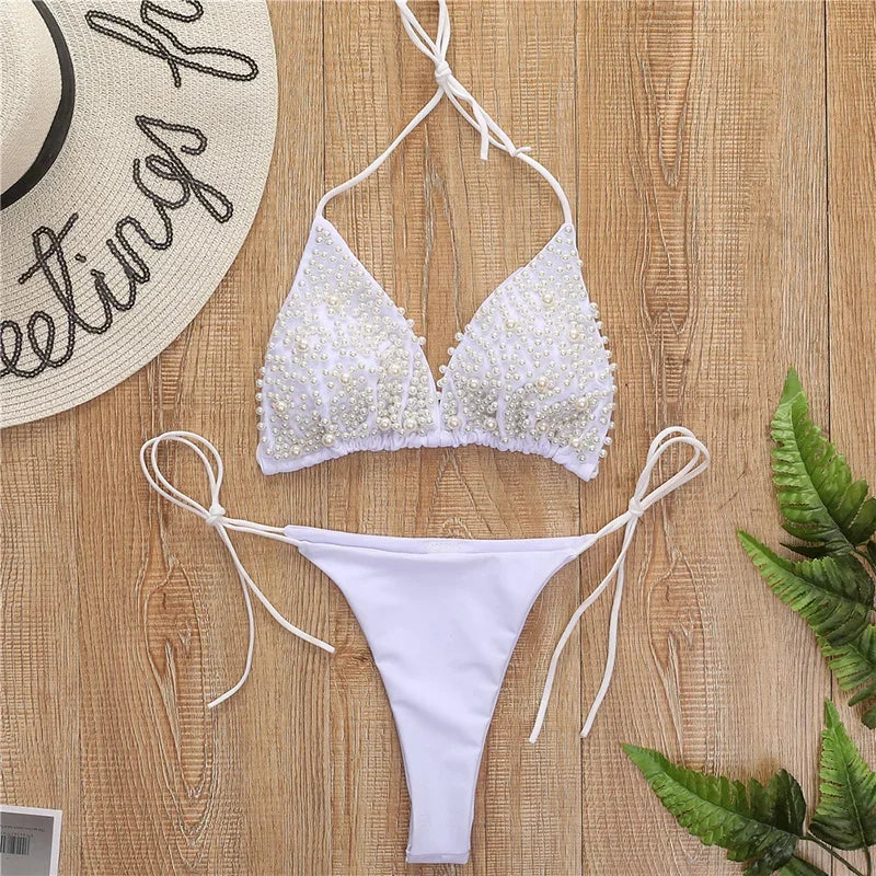 Pearl-Embellished Triangle Bikini Set