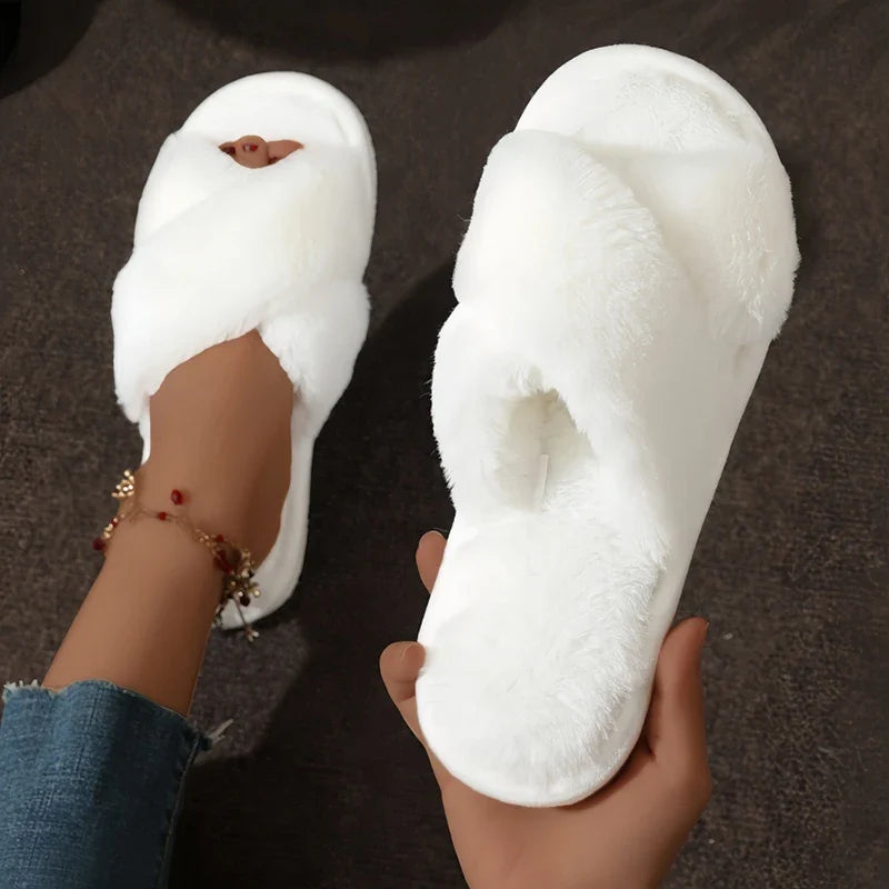 Women’s Cross Fluffy Fur Slippers