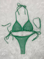 Beige Rhinestone Halter Bikini Set