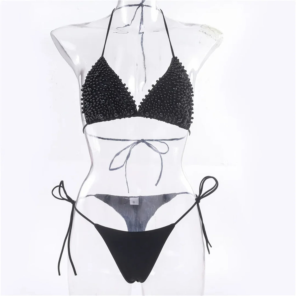 Pearl-Embellished Triangle Bikini Set
