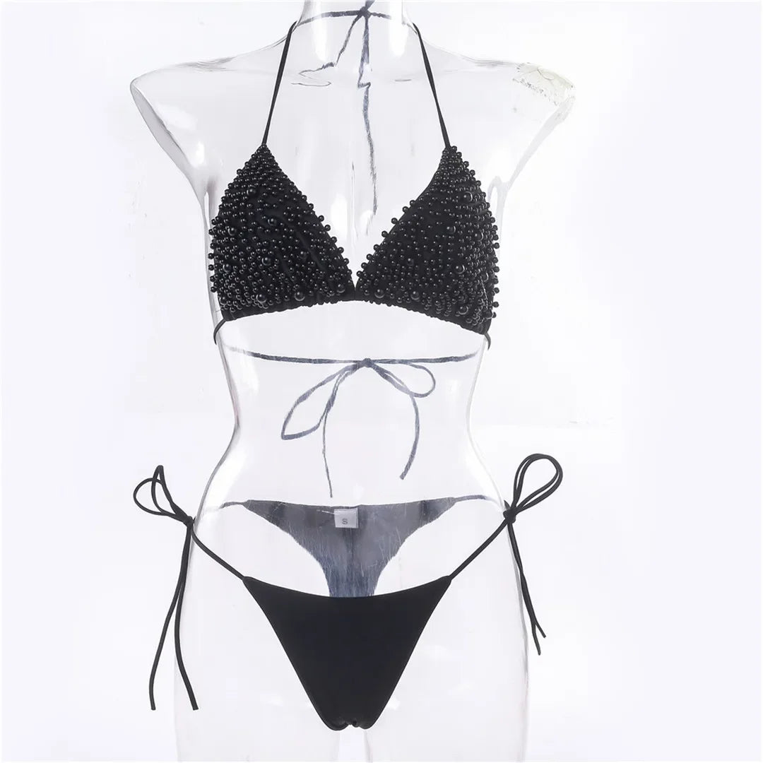 Pearl-Embellished Triangle Bikini Set