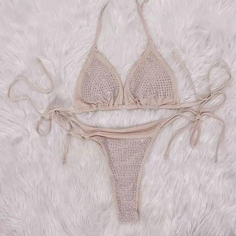 Beige Rhinestone Halter Bikini Set