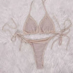 Beige Rhinestone Halter Bikini Set