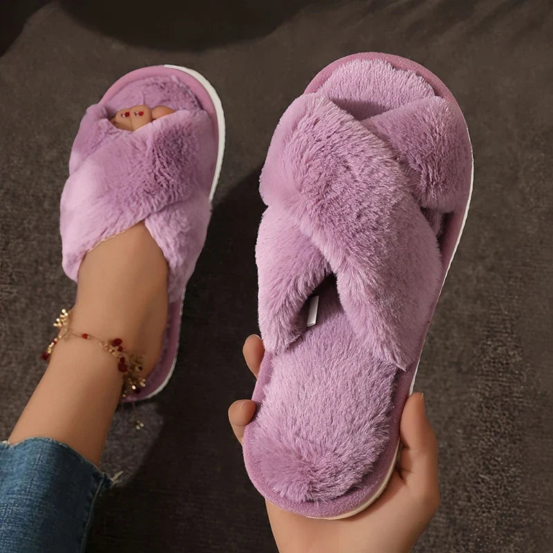 Women’s Cross Fluffy Fur Slippers