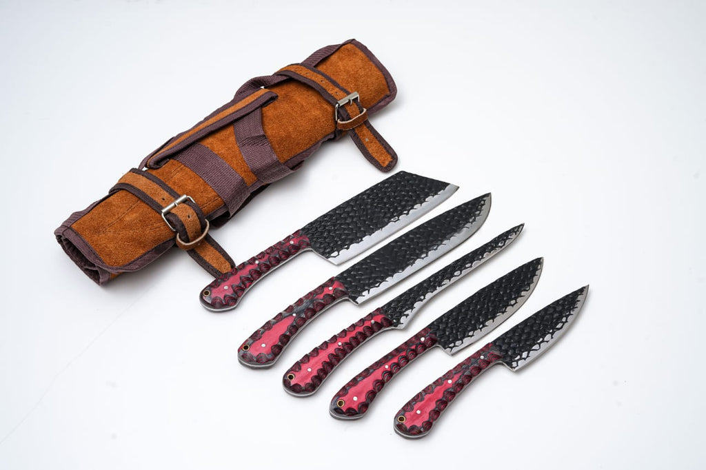 5-Piece Hand-Forged Dragon Scale Carbon Steel Knife Set – Red Wood Handles