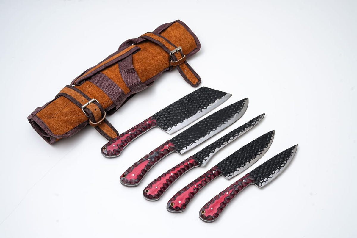 5-Piece Hand-Forged Dragon Scale Carbon Steel Knife Set – Red Wood Handles