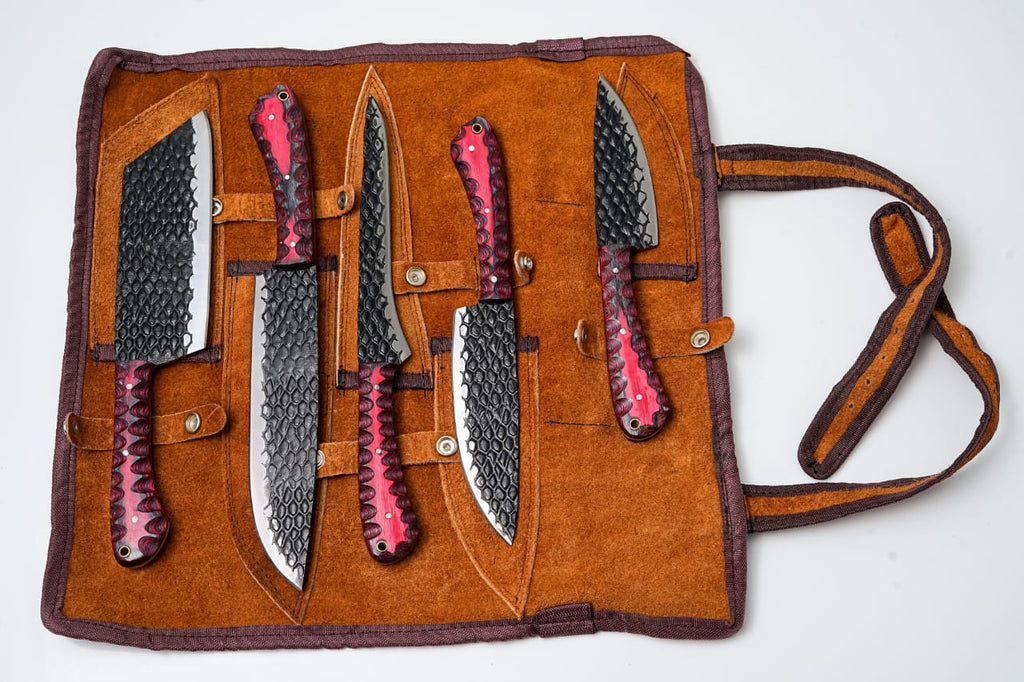 5-Piece Hand-Forged Dragon Scale Carbon Steel Knife Set – Red Wood Handles