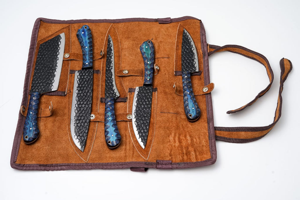 Hand-Forged 5-Piece Carbon Steel Chef Knife Set with Leather Roll