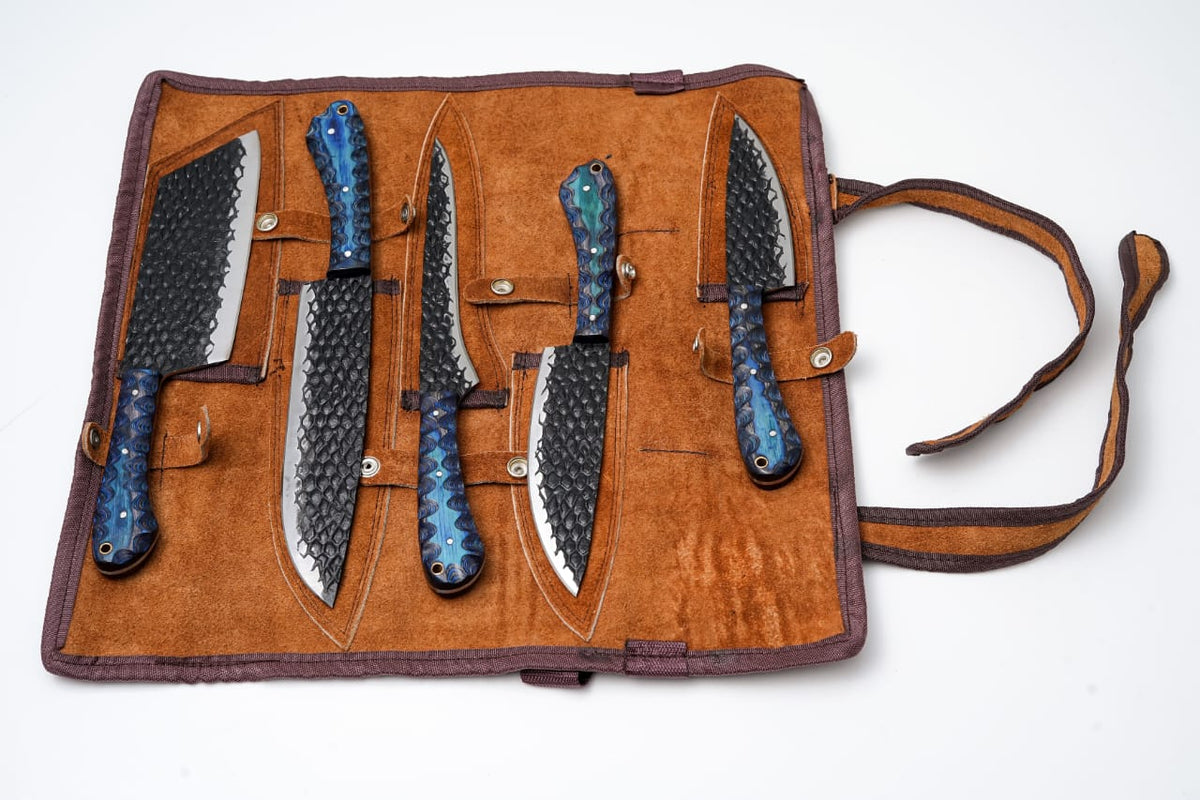 Hand-Forged 5-Piece Carbon Steel Chef Knife Set with Leather Roll