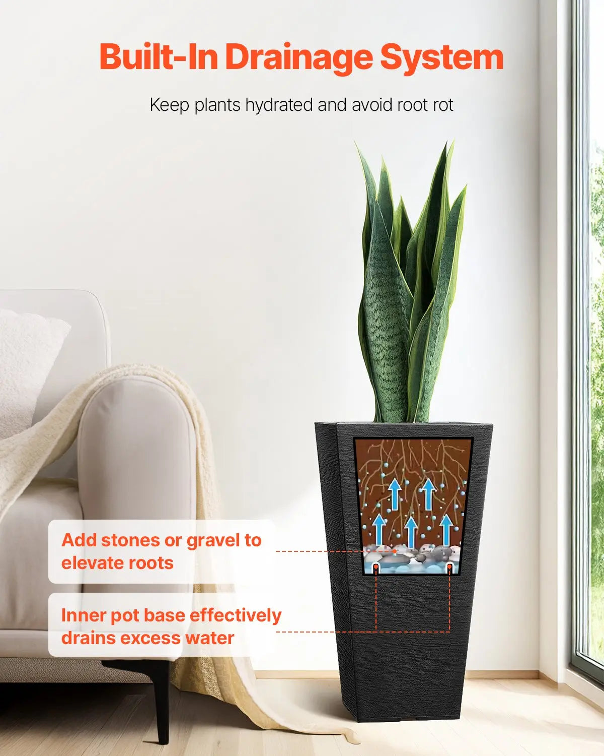 Set Of 2 Tall Outdoor Planters 22inch, Large Planters For Outdoor Indoor Plants, Black Front Porch Planters Flower Tree Plant Pots With Modern Design And Built-in Drainage