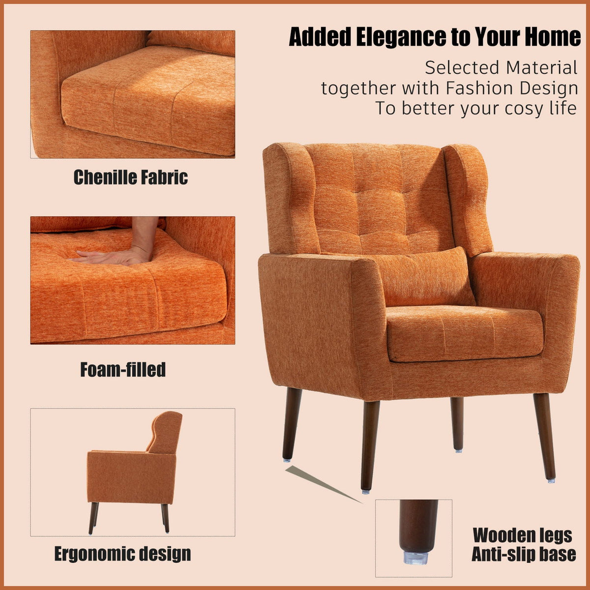 Modern Chenille Accent Armchair with Lumbar Pillow