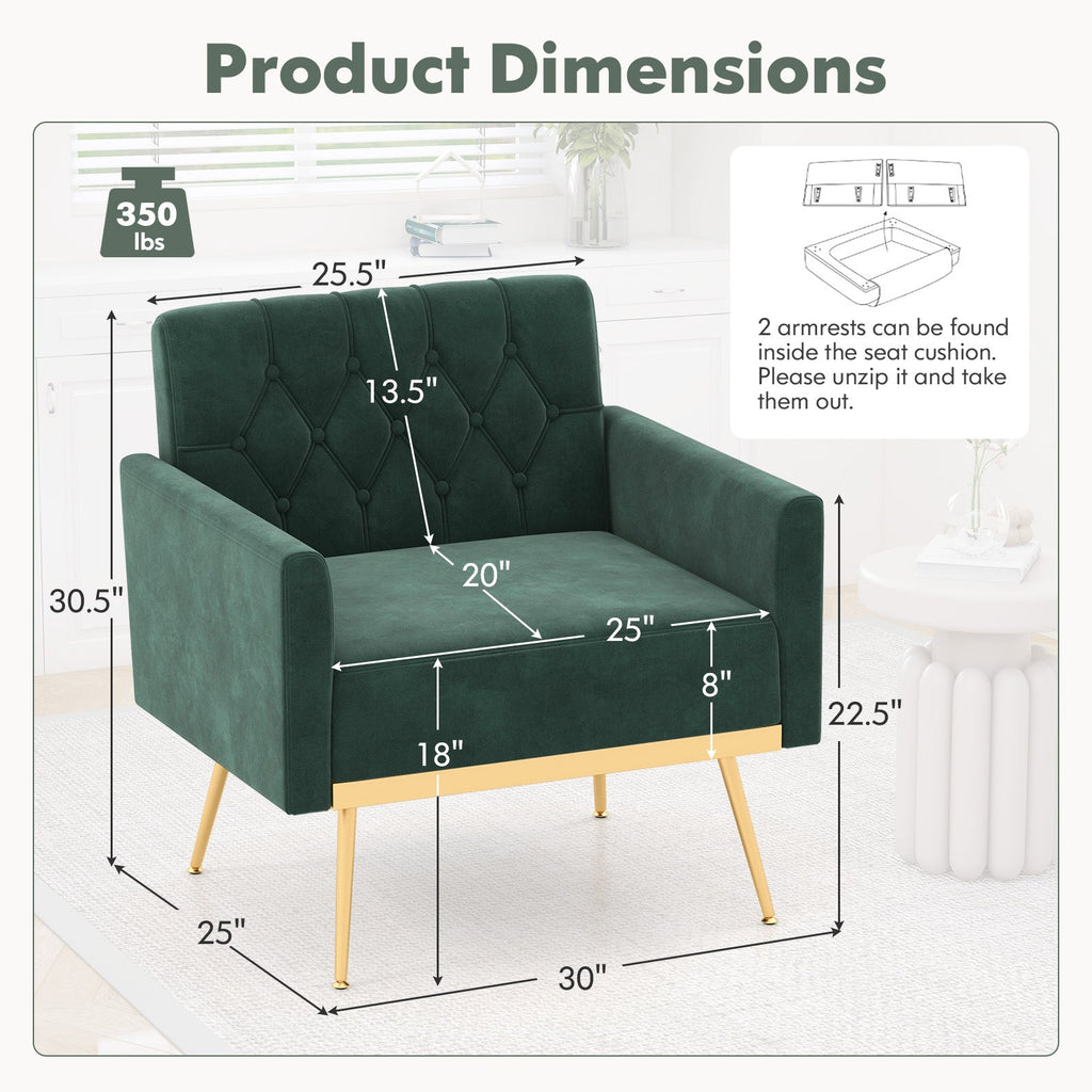 Modern Velvet Accent Chair with Tufted Back & Gold Metal Legs