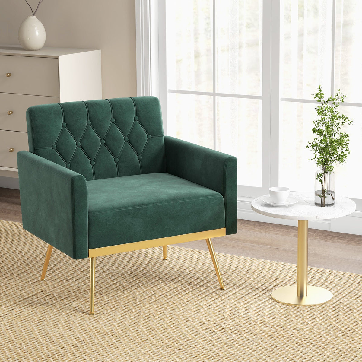 Modern Velvet Accent Chair with Tufted Back & Gold Metal Legs