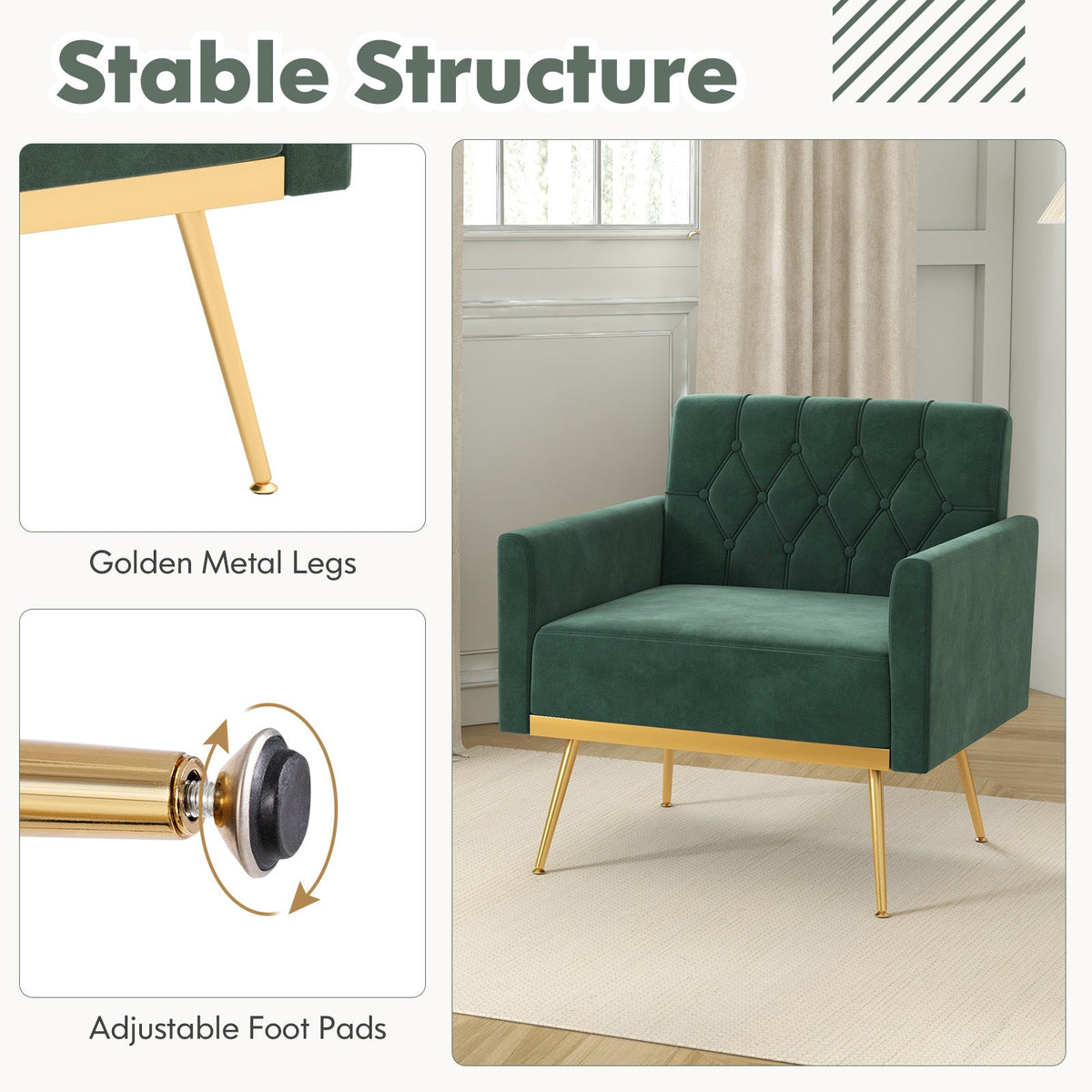 Modern Velvet Accent Chair with Tufted Back & Gold Metal Legs