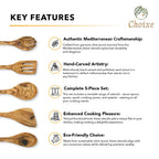 Olive Wood Utensil Set 5-Piece Hand-Carved Kitchen Servers, Durable