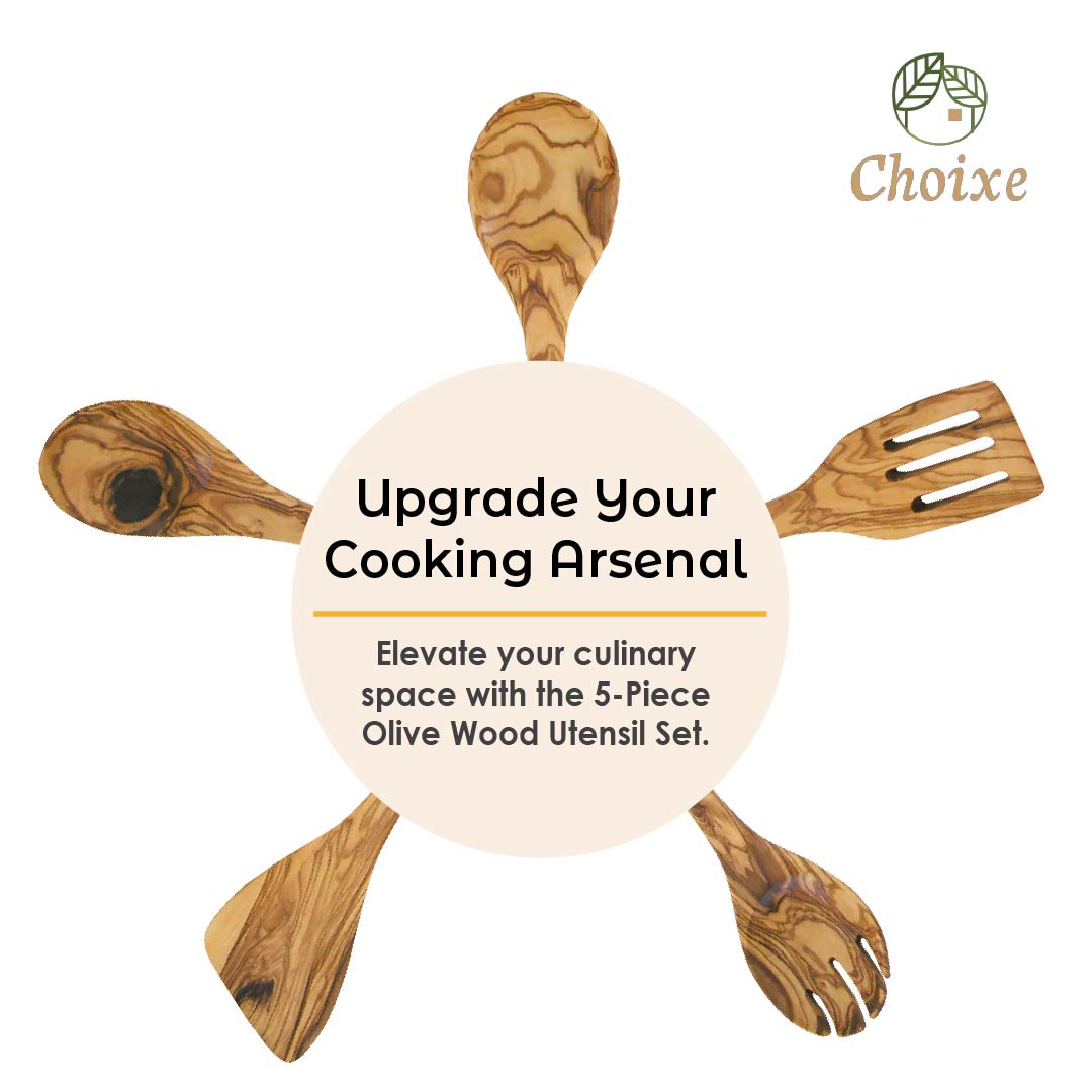 Olive Wood Utensil Set 5-Piece Hand-Carved Kitchen Servers, Durable
