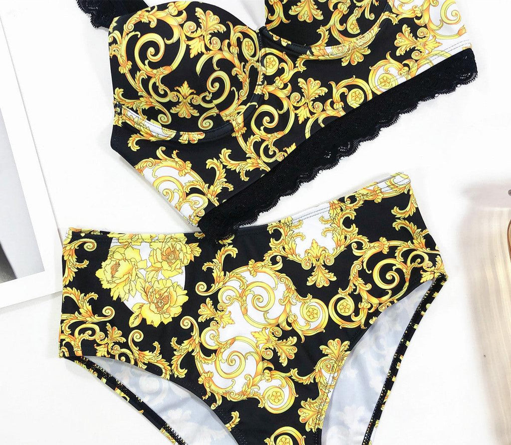 Women’s Vintage Print High-Waisted Bikini Set
