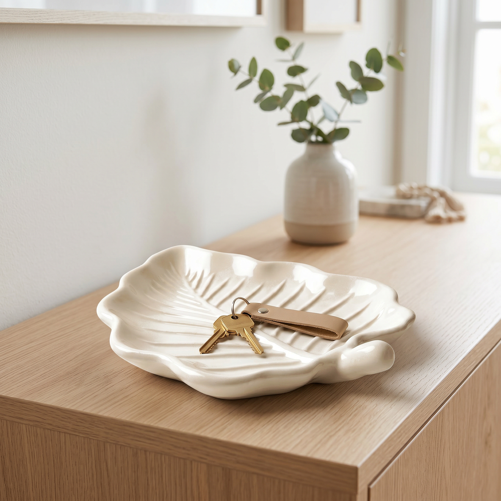 White Elm Leaf Decorative Tray – Handcrafted Gypsum 6"