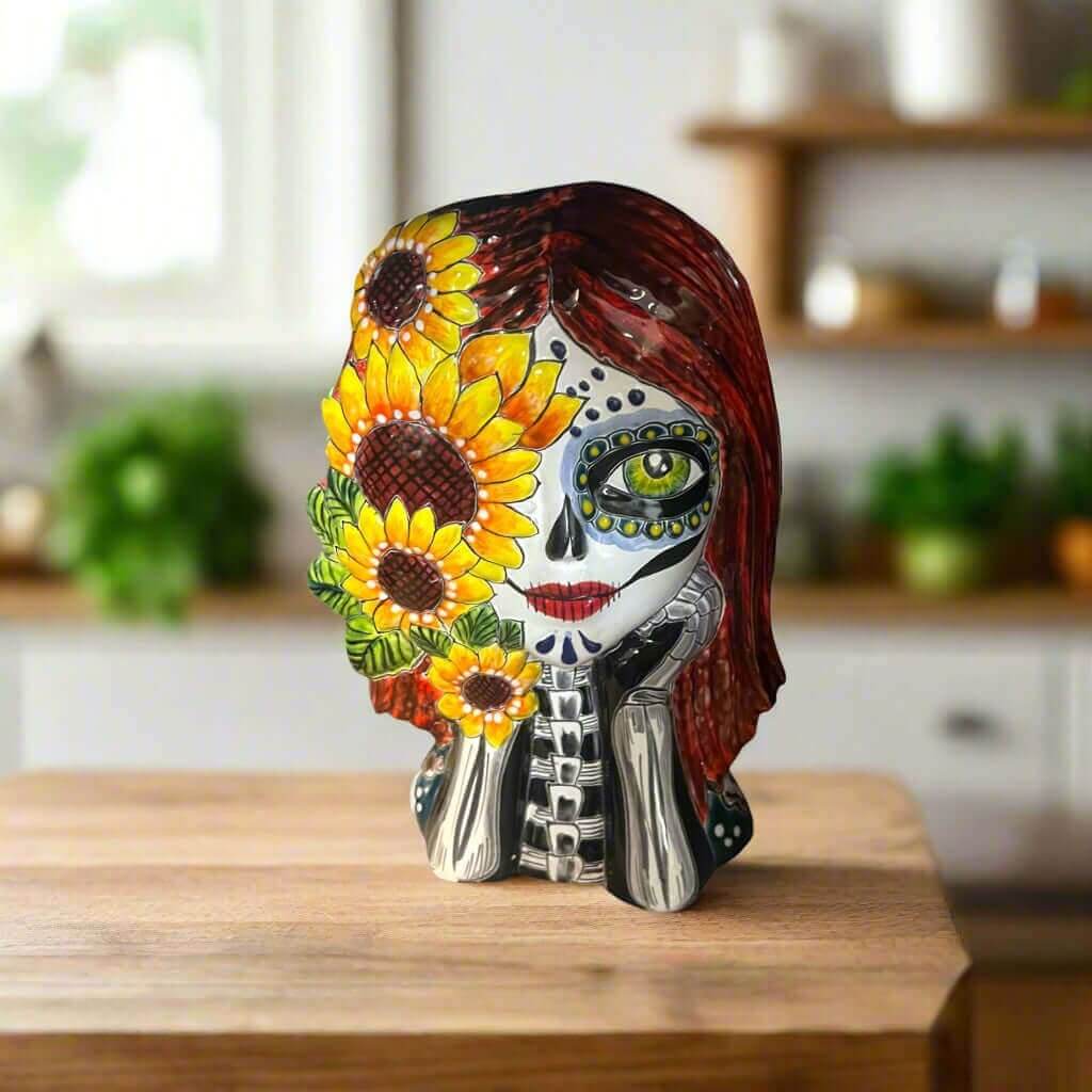 Talavera Sunflower Skull Planter | Handmade Day of the Dead Pot