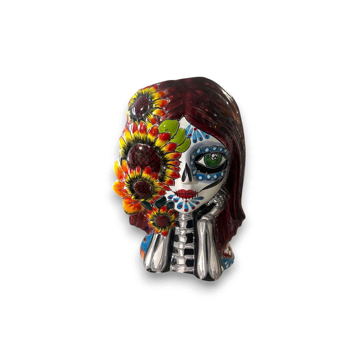 Talavera Sunflower Skull Planter | Handmade Day of the Dead Pot