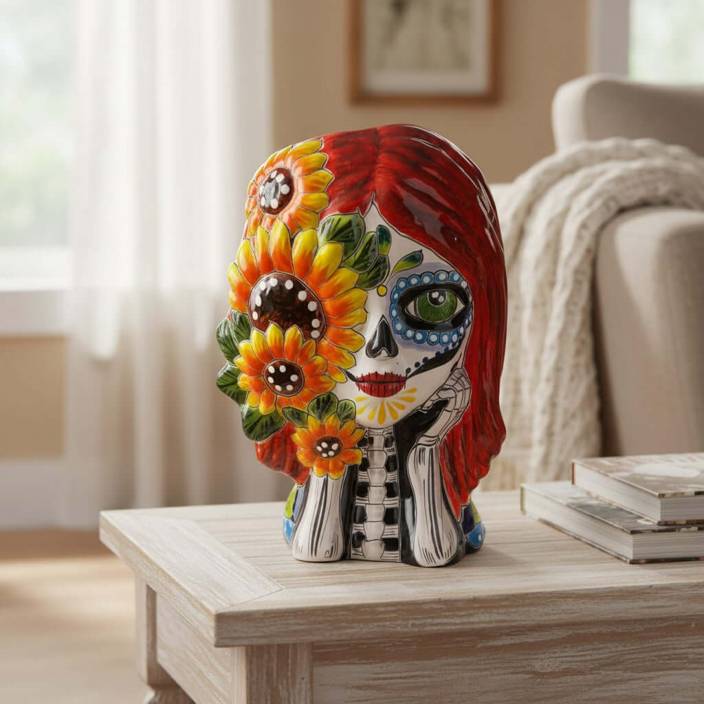 Talavera Sunflower Skull Planter | Handmade Day of the Dead Pot