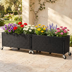 Raised Garden Bed Set of 2 with Wheels and PE Rattan