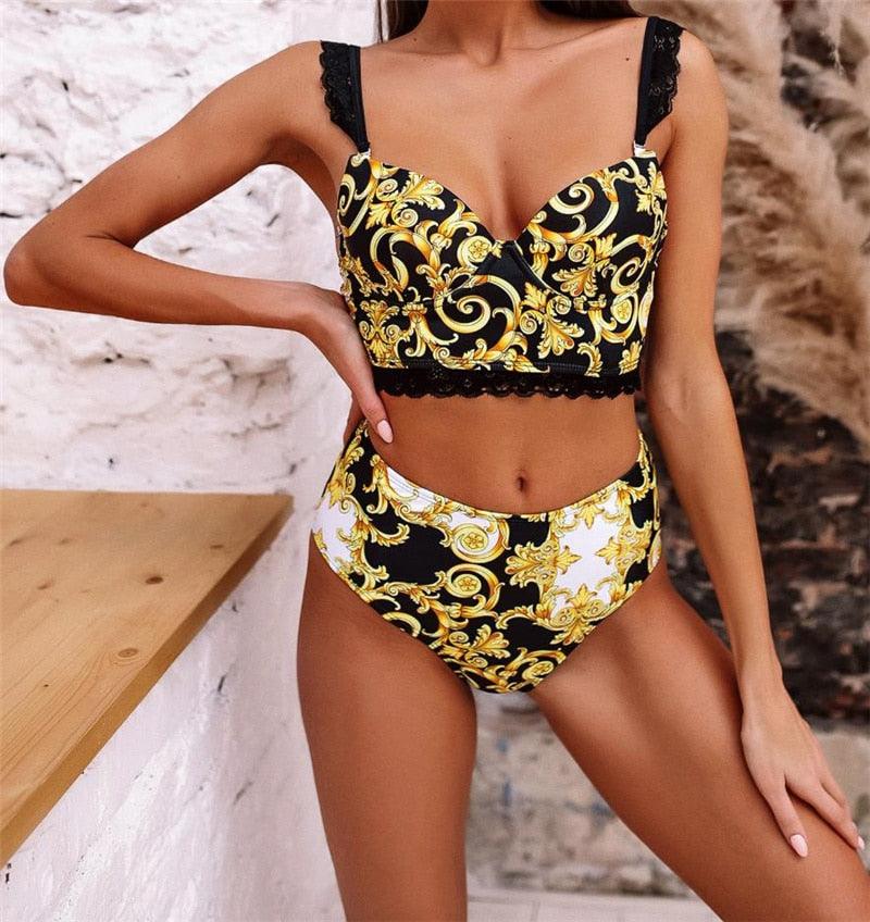 Women’s Vintage Print High-Waisted Bikini Set
